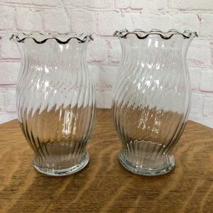Vintage Clear Swirl Glass Ruffled Edge Vases - Set of 2